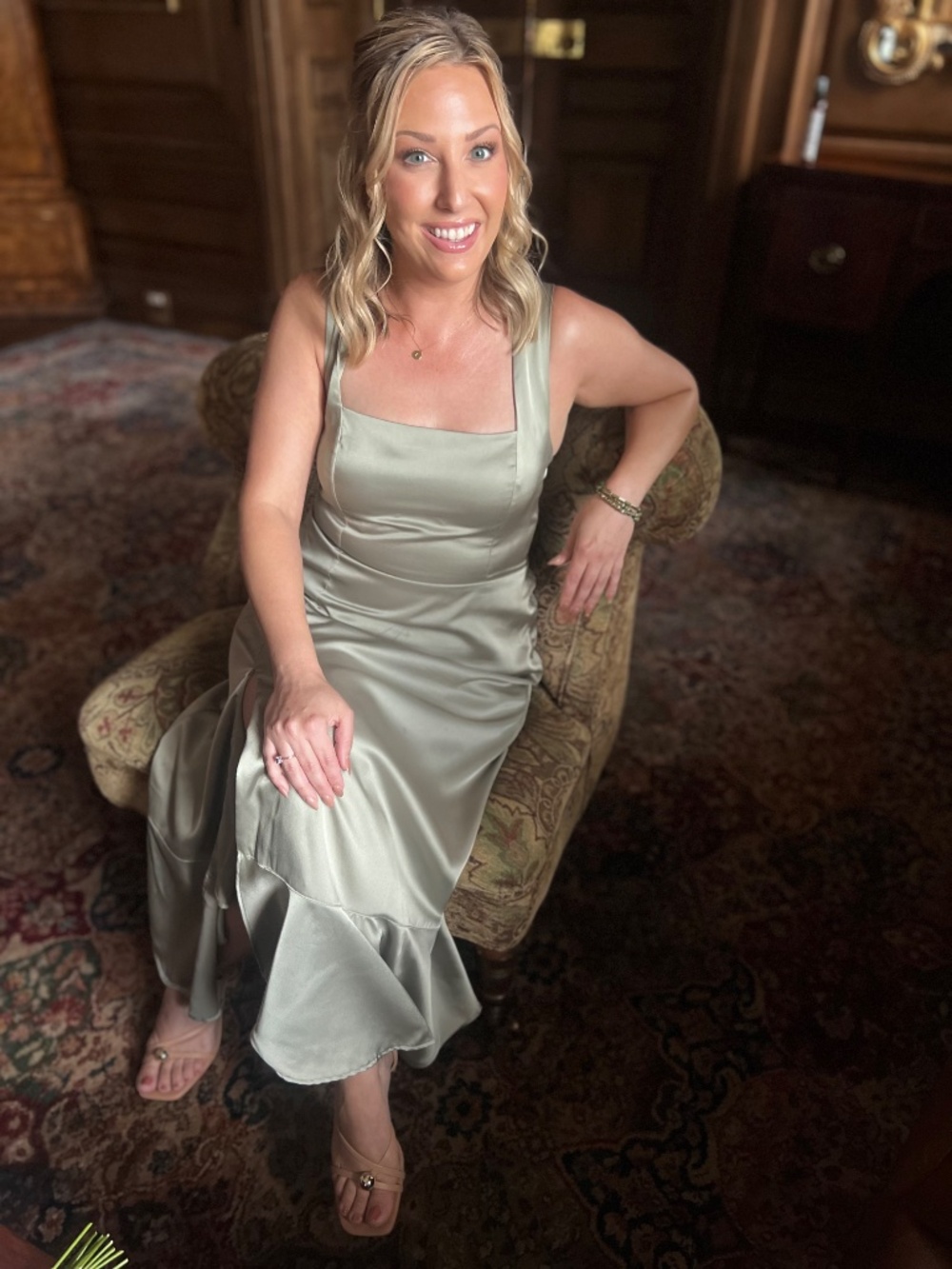SHOW ME YOUR MUMU Claire Midi Dress In Moss Green Luxe Satin - Picture 3 of 4